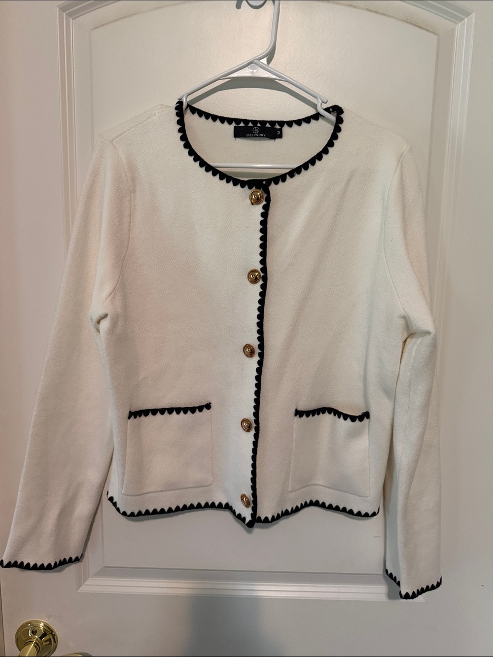 White Cardigan with Black Trim and Gold Buttons